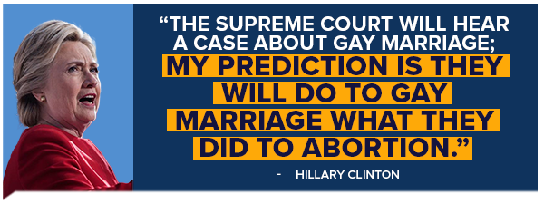 The Sumpreme Court will hear a case about gay marriage; my prediction is they will do to gay marriage what they did to abortion. - Hillary Clinton The Sumpreme Court will hear a case about gay marriage; my prediction is they will do to gay marriage what they did to abortion. - Hillary Clinton