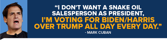 Mark Cuban: I don't want a snake oil salesperson as President, I'm voting for Biden/Harris over Trump all day every day.