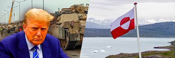 Trump w/ tanks behind him on one side & Greenland on the other