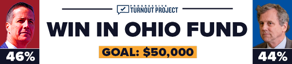 WIN IN OHIO FUND // GOAL: 50,000 // Image of Brown 46% // Image of Moreno 44%