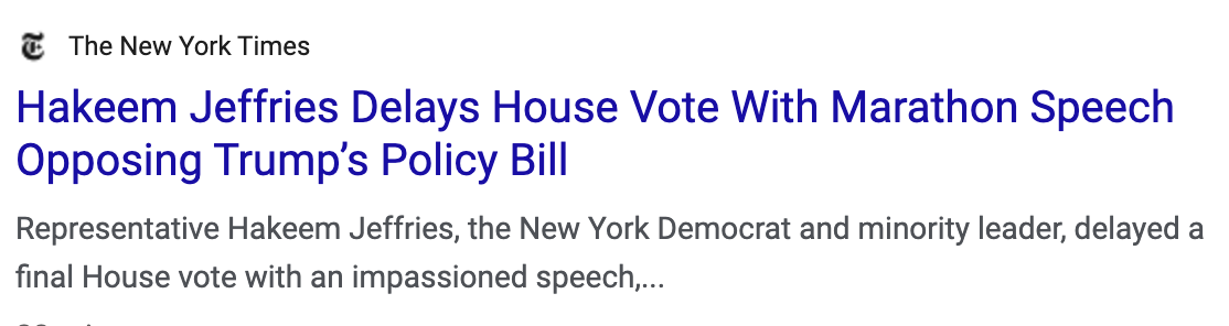 The New York Times: Hakeem Jeffries Delays House Vote With Marathon Speech Opposing Trump's Policy Bill