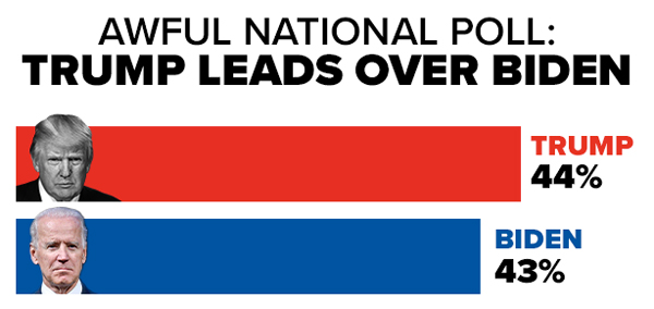 AWFUL NATIONAL POLL: TRUMP LEADS OVER BIDEN: Trump 44, Biden 43